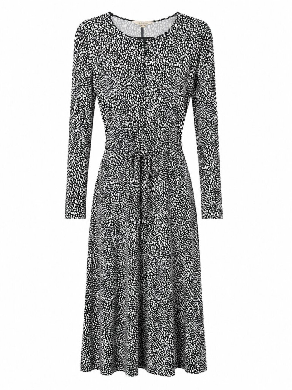 Boden Lucy EcoVero Tie Waist Midi Dress Black White Pebble Print Long Sleeve 4 - Picture 2 of 11